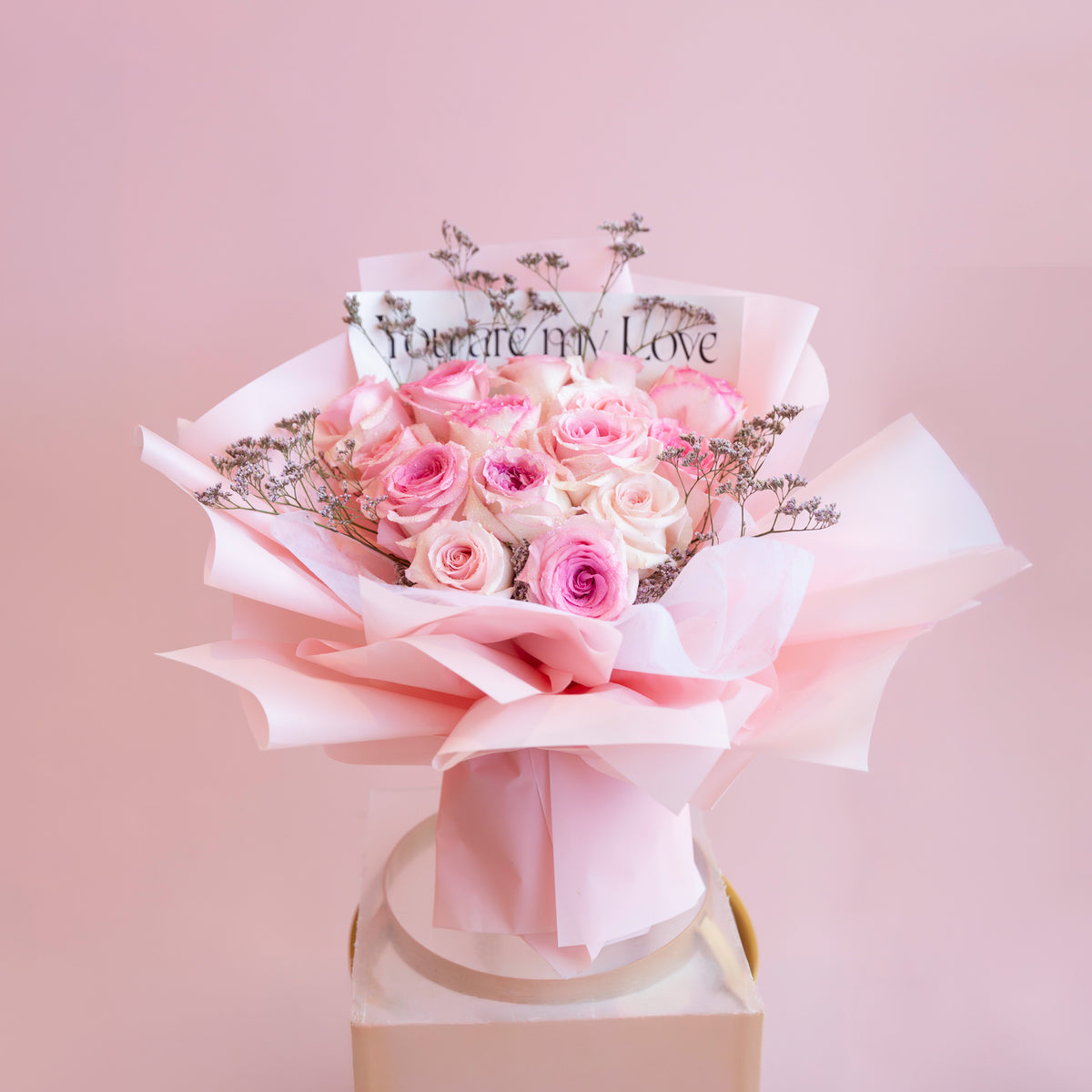 Dozen Pink Rose with Pink Wrapping Paper